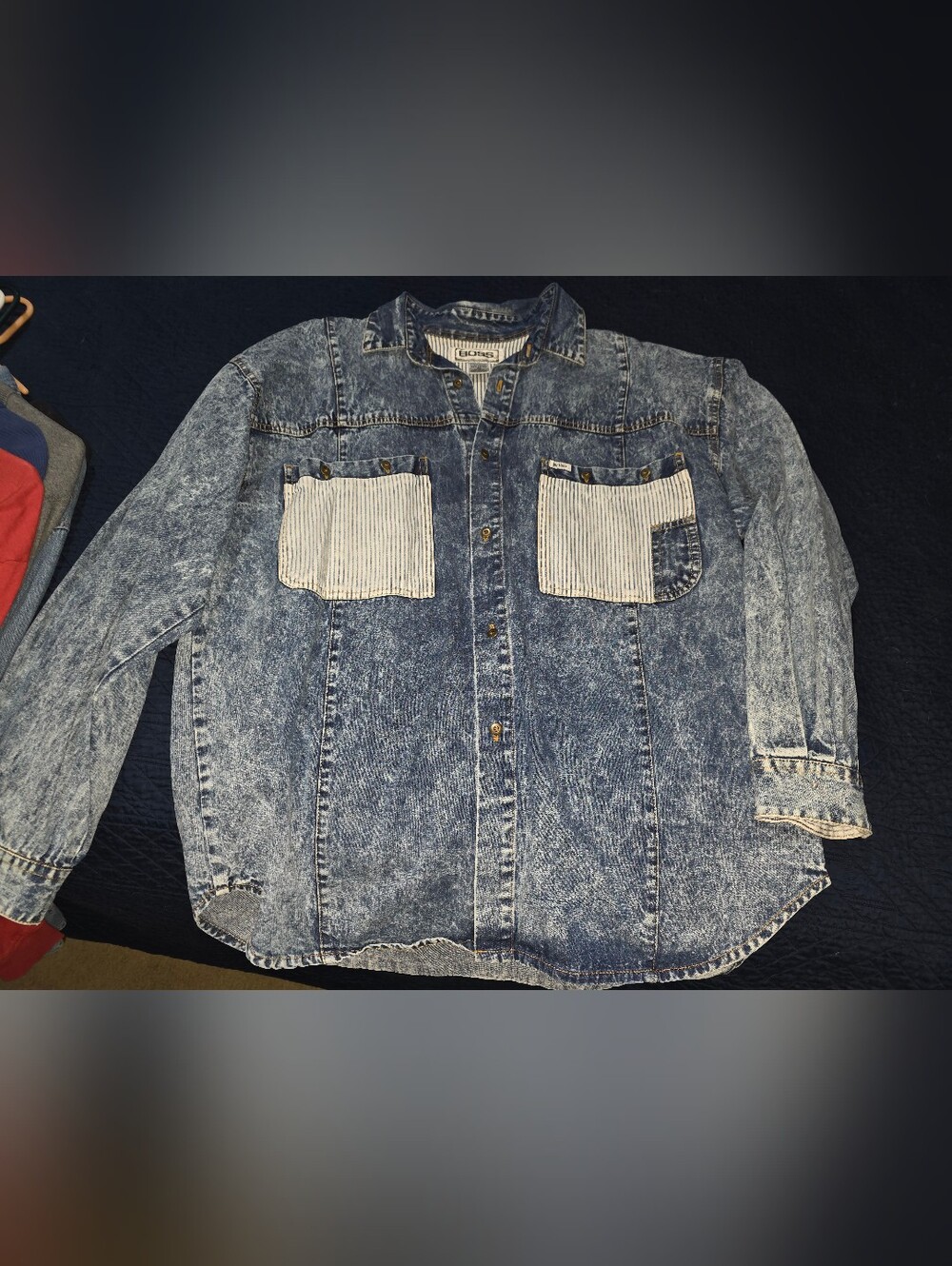 Large VINTAGE 80'S Boss Light Blue Acid-Wash Shirt JACKET Panels